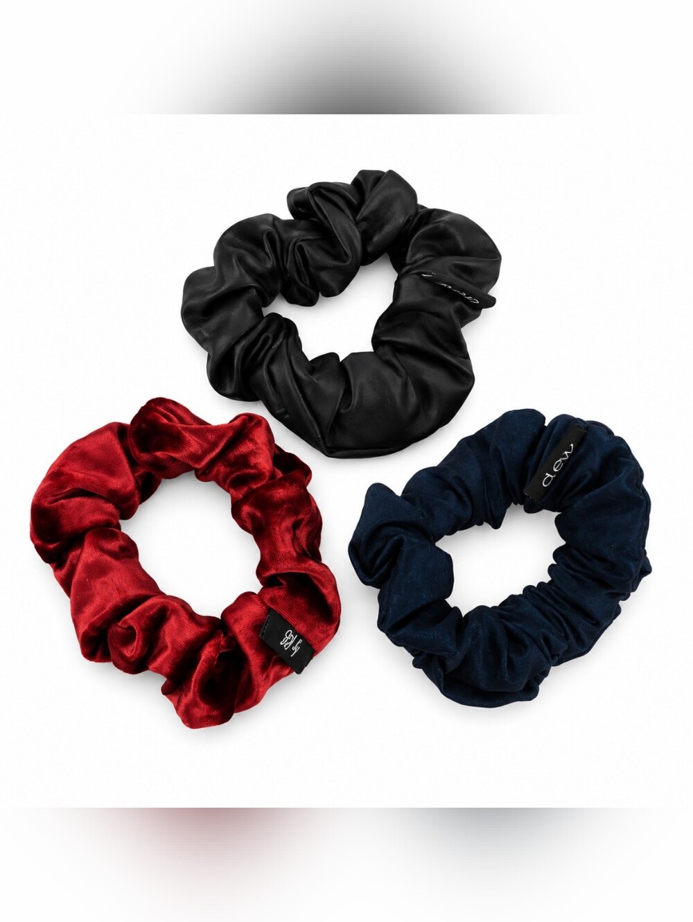 DEW Triple Pack Velvet and Satin Scrunchies - Red, Black, Green NEVER WORN!